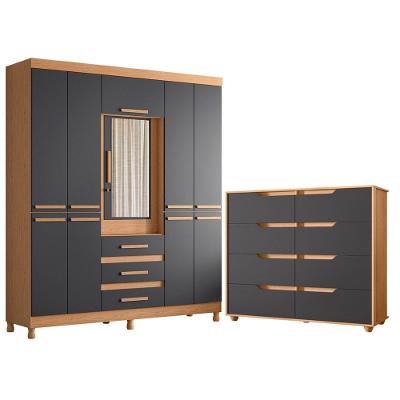 Guarda Roupa Casal e Cômoda New Fusion 10 Portas Basculante 3 Gavetas MDF Freijo Titanium Albatroz