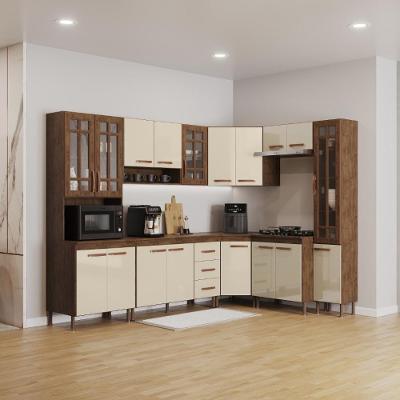 Cozinha Modulada Completa Lisboa 18 Portas 3 Gavetas MDP 445CM Noce e Off-White Fidelita