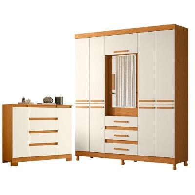 Guarda Roupa Casal com Cômoda Sapateira New Fusion e Atena 10 Portas 3 Gavetas MDF Cinamomo Off