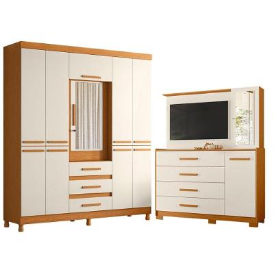 Guarda Roupa Casal + Cômoda New Fusion 10 Portas 3 Gavetas MDF Cinamomo Off White Albatroz Móveis
