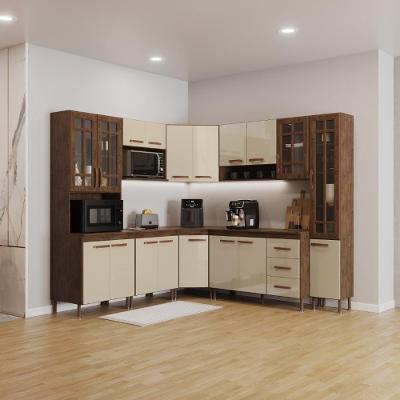 Cozinha Modulada Completa Lisboa 18 Portas 3 Gavetas MDP 445CM Noce e Off-White Fidelita