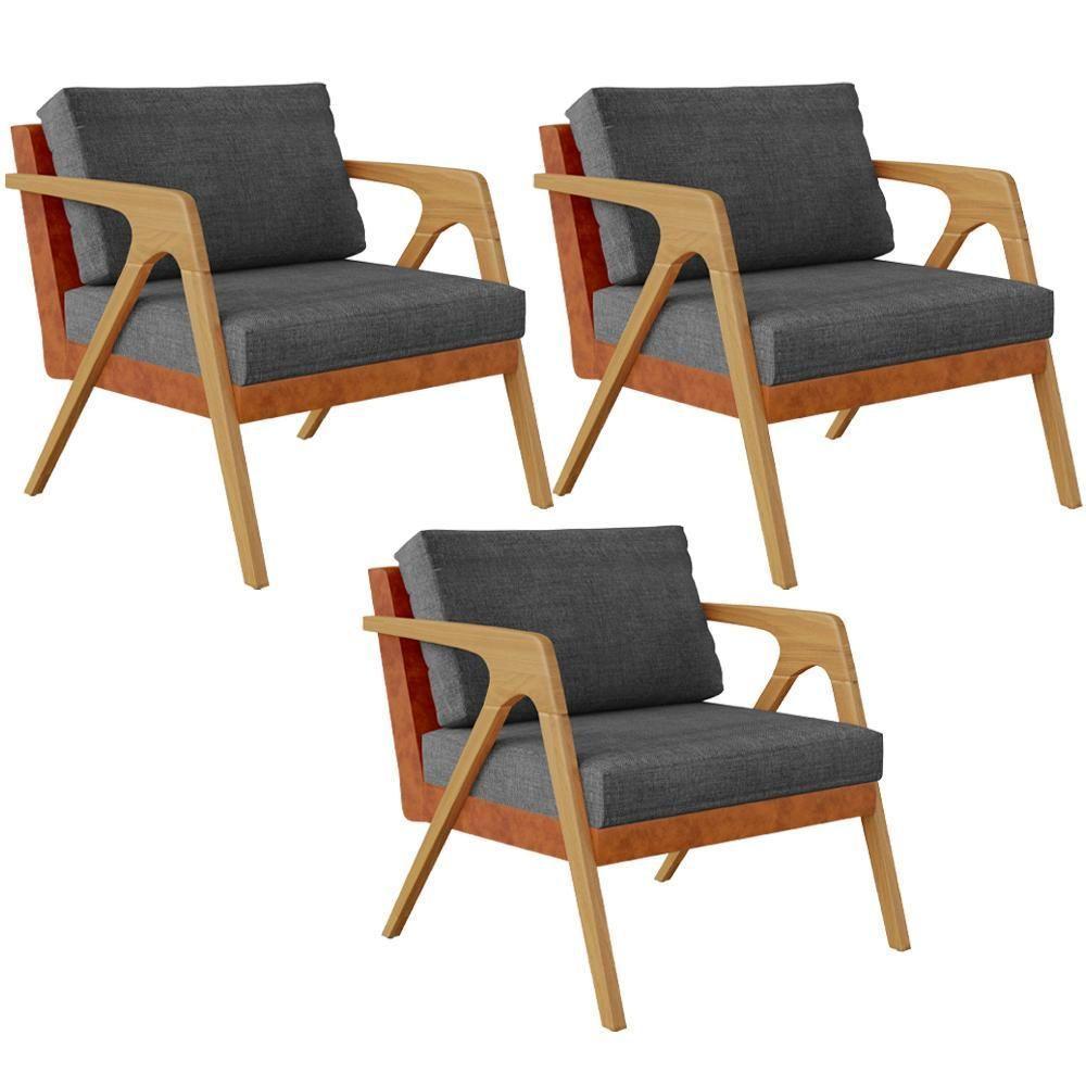 Kit 03 Poltronas Sala L02 Camel Linho Cinza Escuro - 1