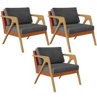 Kit 03 Poltronas Sala L02 Camel Linho Cinza Escuro - 1