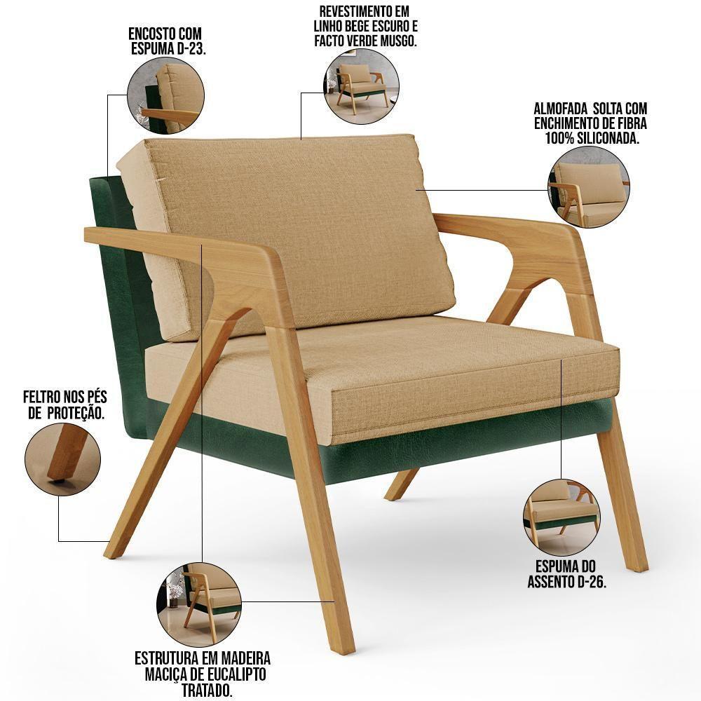 Kit 03 Poltronas Facto Verde Musgo Linho Bege Escuro - 6