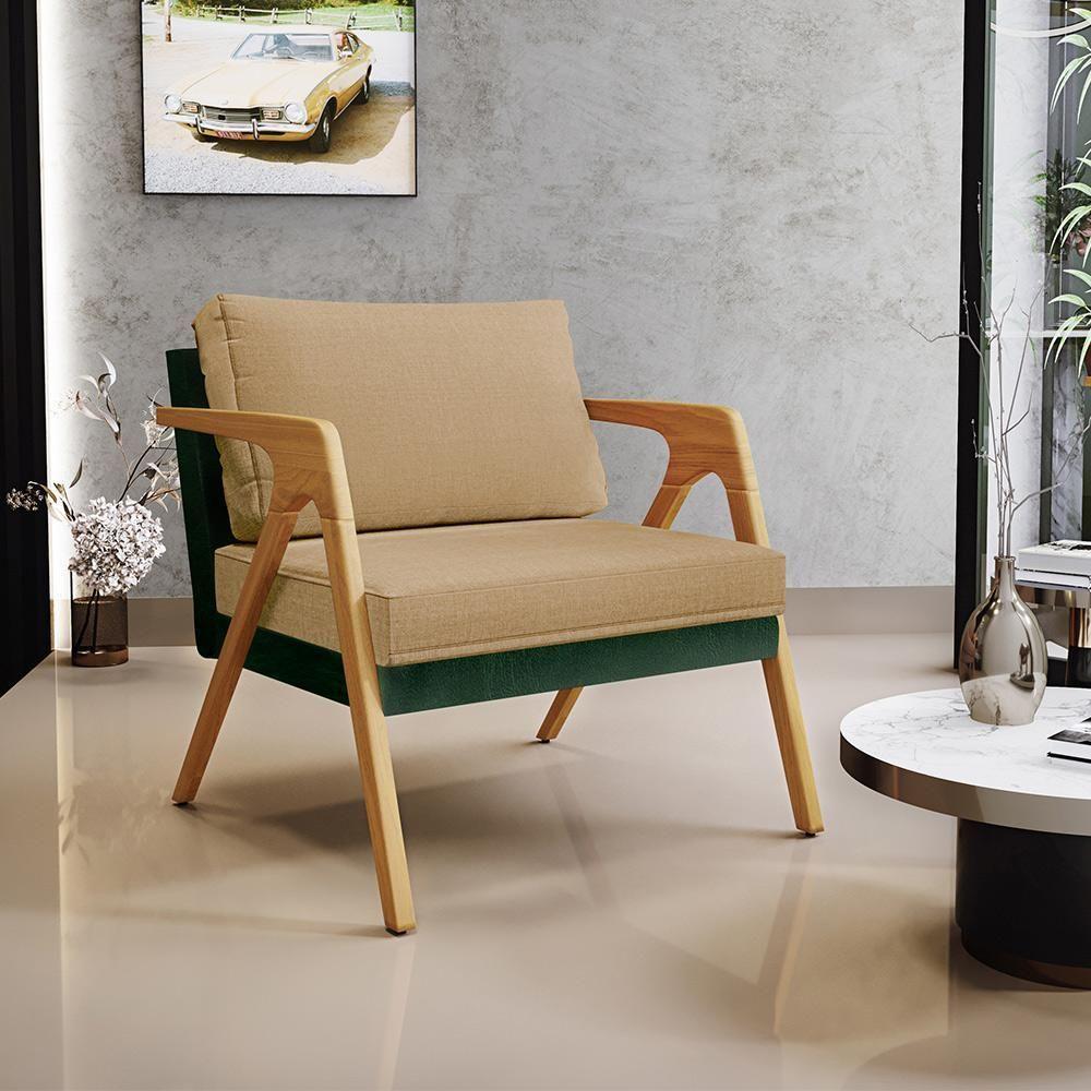 Kit 03 Poltronas Facto Verde Musgo Linho Bege Escuro - 8