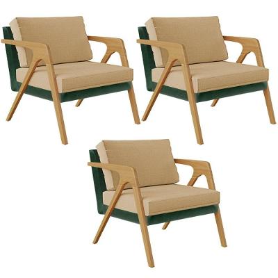 Kit 03 Poltronas Facto Verde Musgo Linho Bege Escuro