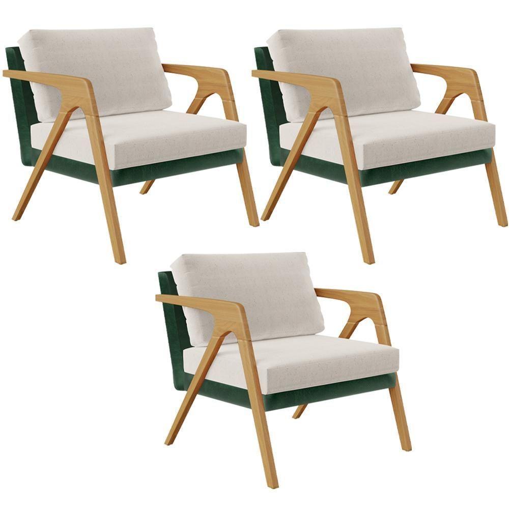 Kit 03 Poltronas Sala L02 Facto Verde Musgo Linho Cru - 1