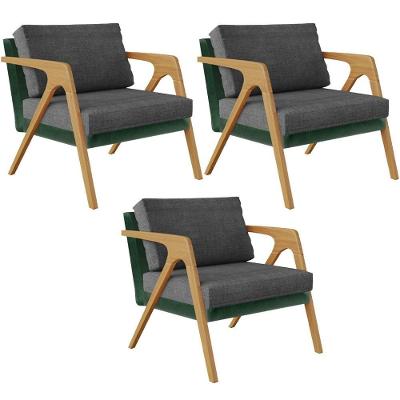 Kit 03 Poltronas Decorativas Pietra L02 Verde Cinza Lyam Decor