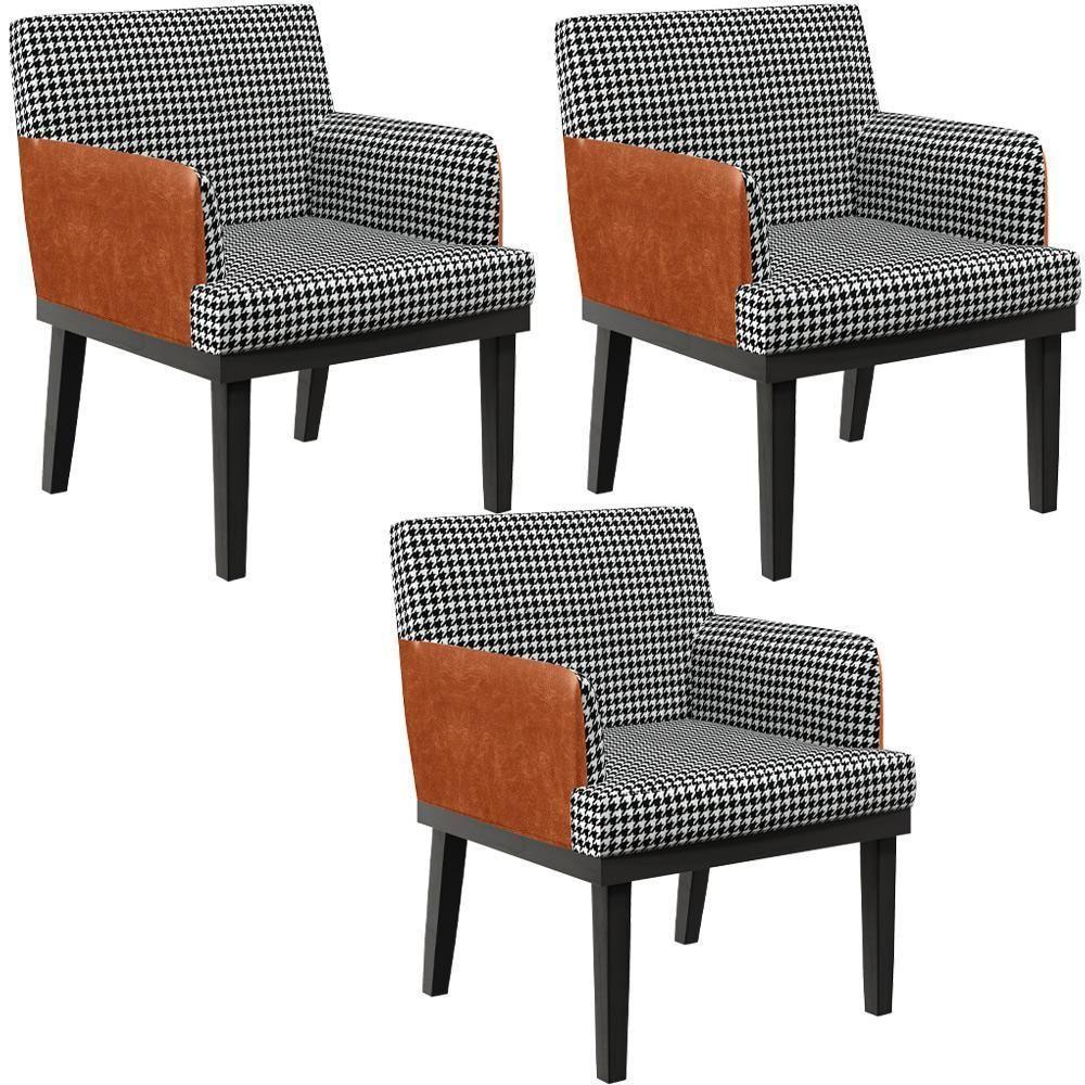 Kit 03 Poltronas Base Preto Suede Pied Poule Camel - 1