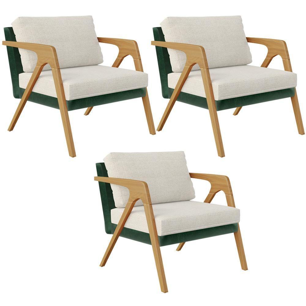Kit 03 Poltronas Sala L02 Facto Verde Musgo Linho Champagne - 1