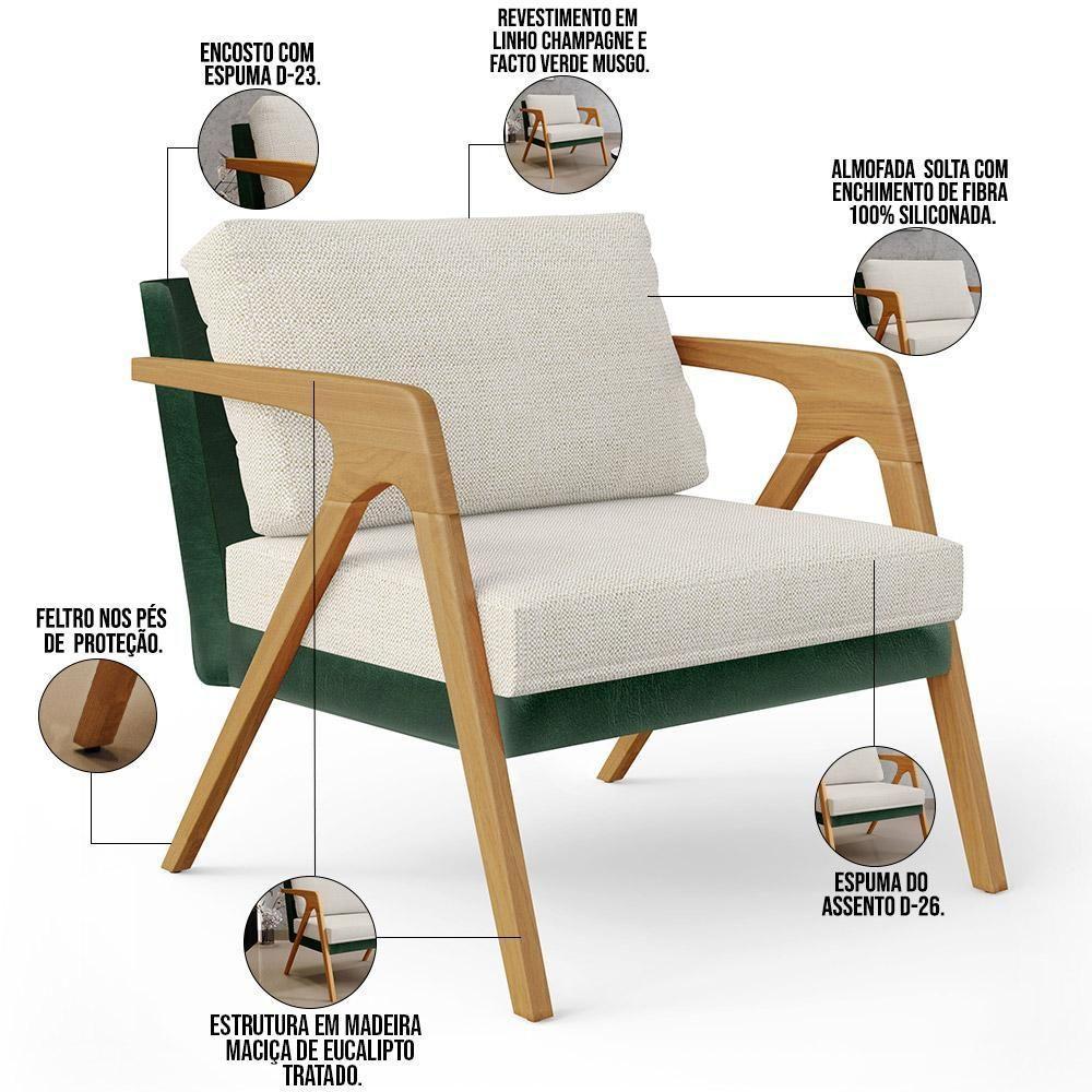Kit 03 Poltronas Sala L02 Facto Verde Musgo Linho Champagne - 6