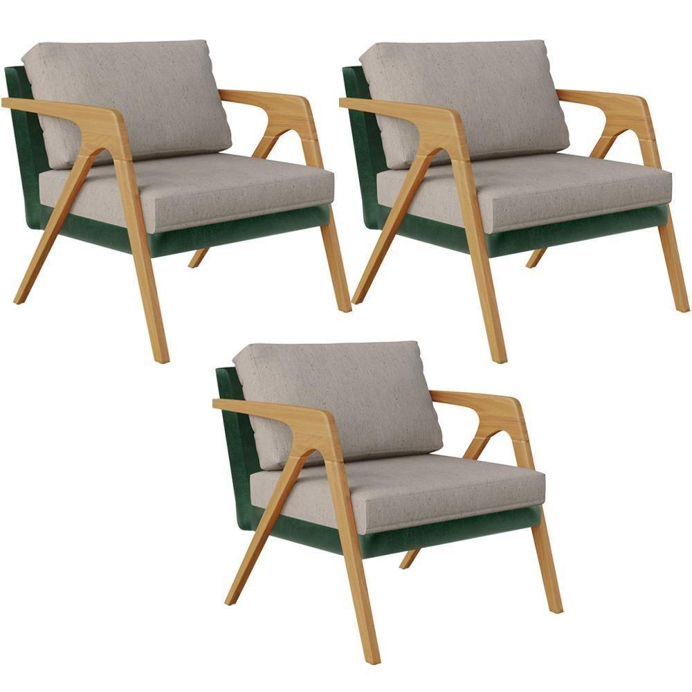 Kit 03 Poltronas Sala L02 Facto Verde Musgo Linho Bege - 1