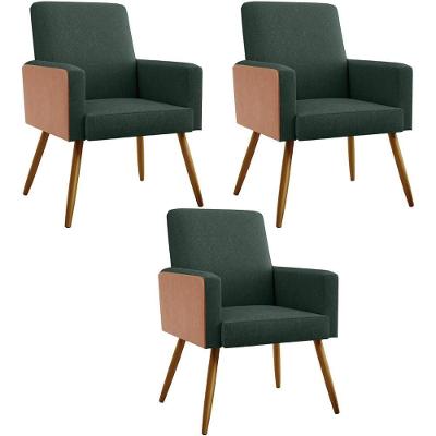 Kit 03 Poltronas Pés Palito Linho Verde Musgo Camel