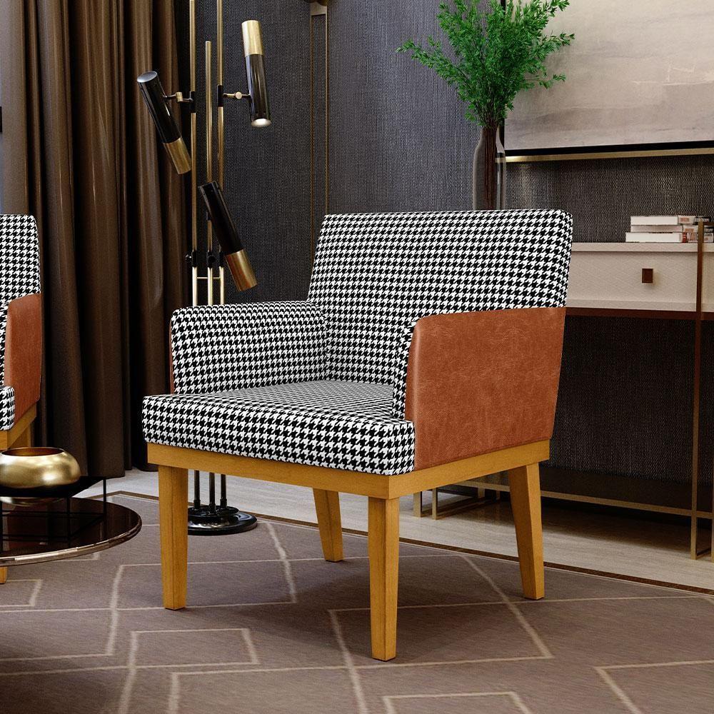 Kit 03 Poltronas Base Mel Suede Pied Poule Couríssimo Camel - 12