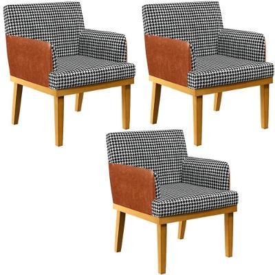 Kit 3 Poltronas Decorativas Beatriz W01 Suede Pied Poule Couríssimo Camel Lyam Decor