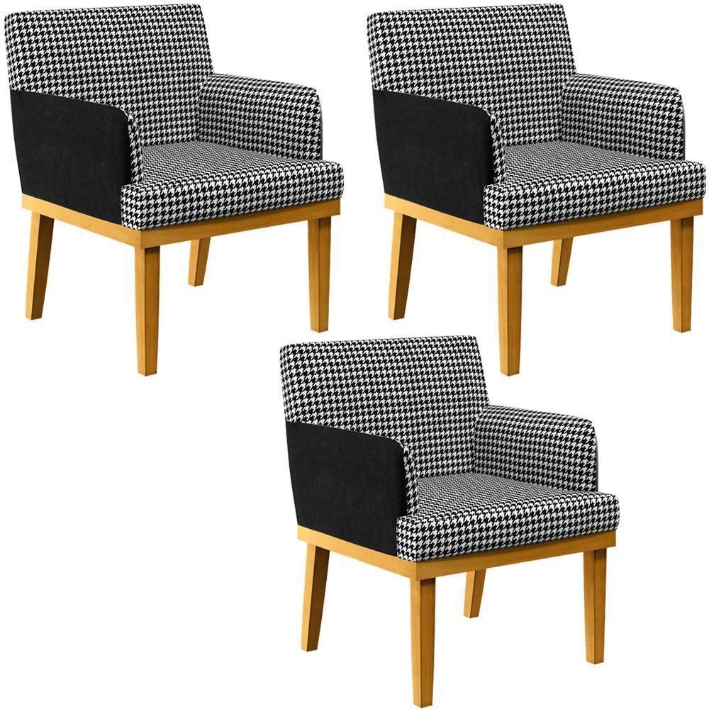 Kit 03 Poltronas Base Mel Suede Pied Poule Couríssimo Preto - 1