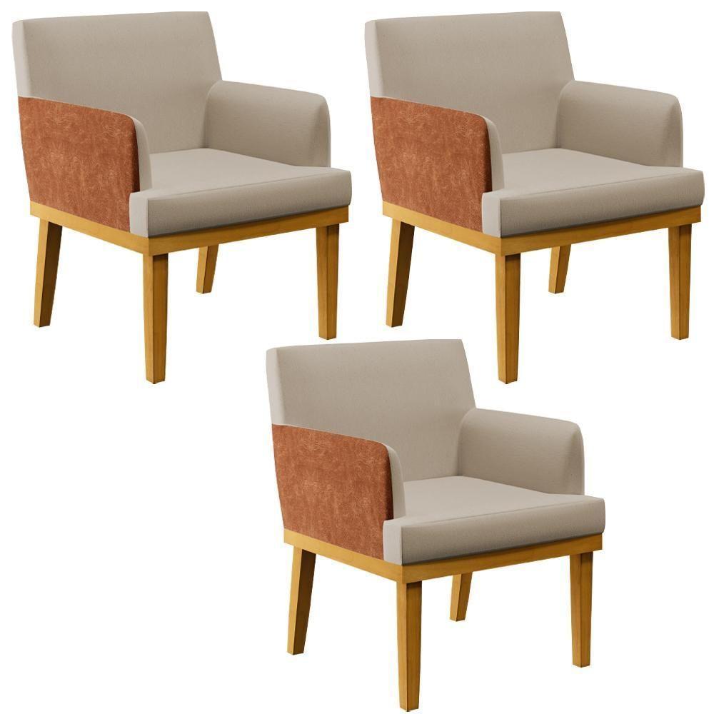 Kit 03 Poltronas Base Mel Linho Bege Couríssimo Camel - 1