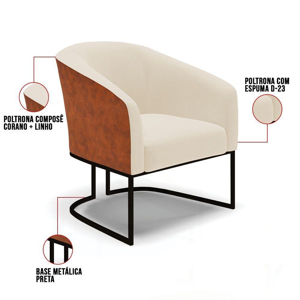 Kit 2 Poltronas Stella Corano Nozes Com Linho Bege A19 Base Industrial Preto - D'Rossi - 3