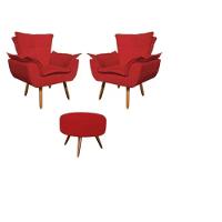 Kit 2 Poltronas Opalas Com Puff Redondo Suede Vermelho - 1