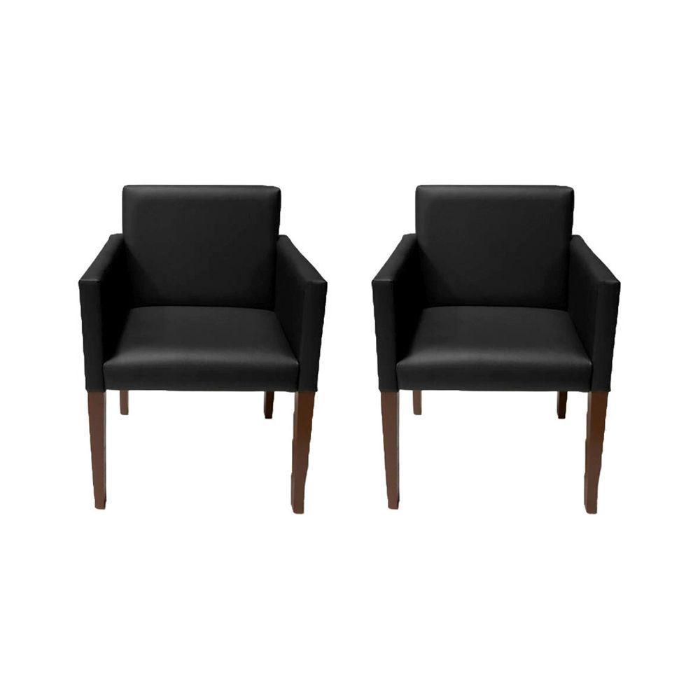 Kit 2 Poltronas Nina Executiva Em Tecido Sintético Preto Pé Maderia Maciça Marrom - Cor: Marrom - 1