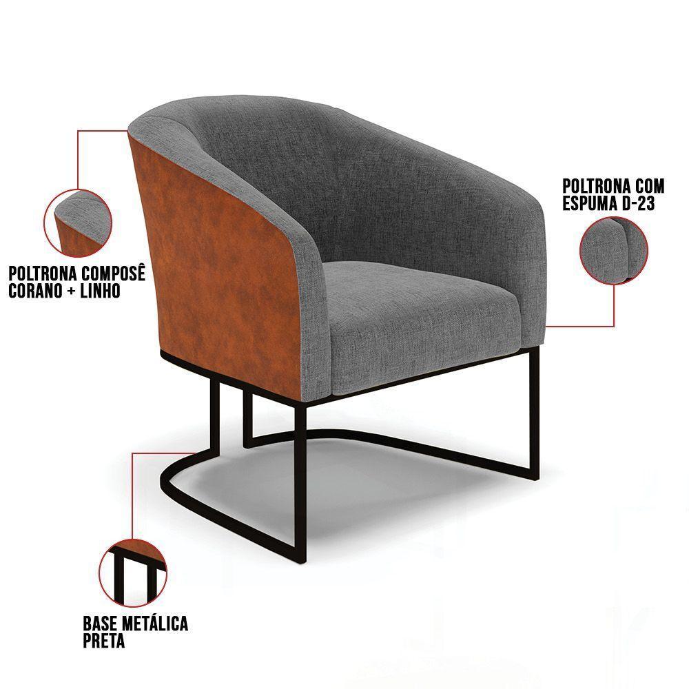 Kit 2 Poltronas Stella Corano Nozes Com Linho Grafite A26 Base Industrial Preto - D'Rossi - 3
