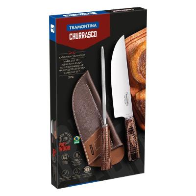 Jogo Para Churrasco Tramontina Em Aço Inox E Cabo Castanho Polywood Com Bainha De Couro 2 Peças