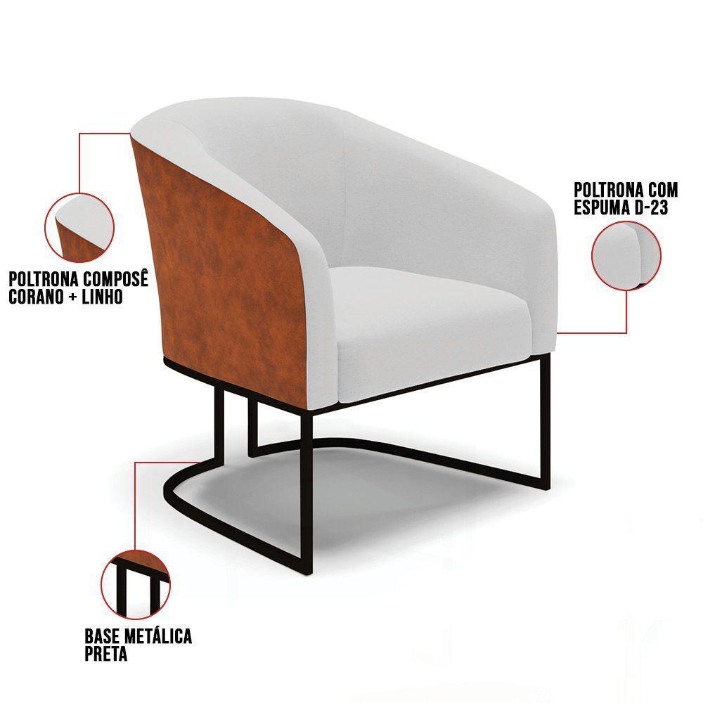 Kit 2 Poltronas Stella Corano Nozes Com Linho Cinza A05 Base Industrial Preto - D'Rossi - 3