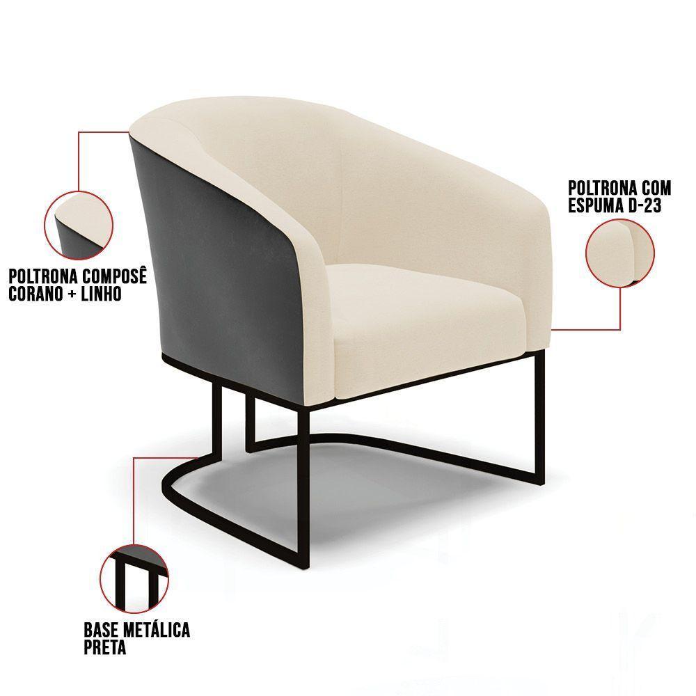 Kit 2 Poltronas Stella Corano Preto Com Linho Bege A19 Base Industrial Preto - D'Rossi - 3