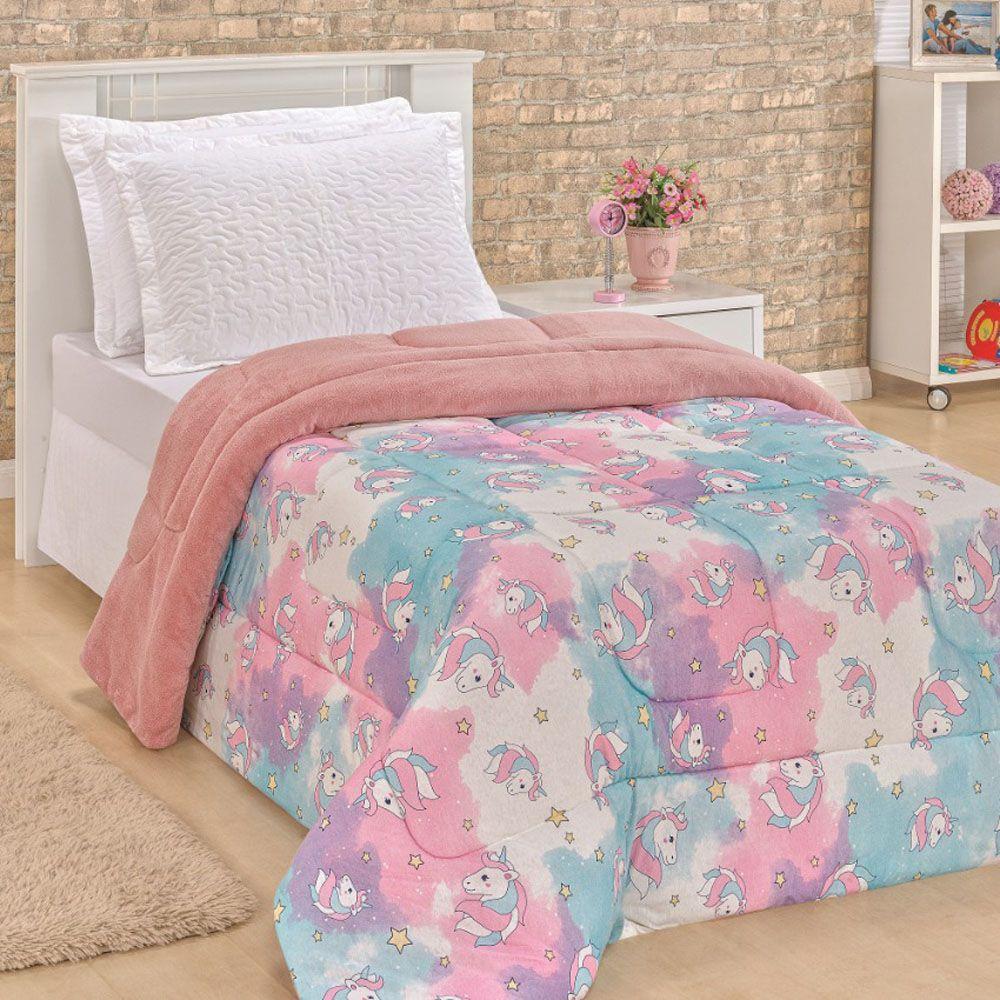 Edredom Diverkids Solteiro Infantil Malha Estampada 1 Peça - Unicórnio Rosa - 1