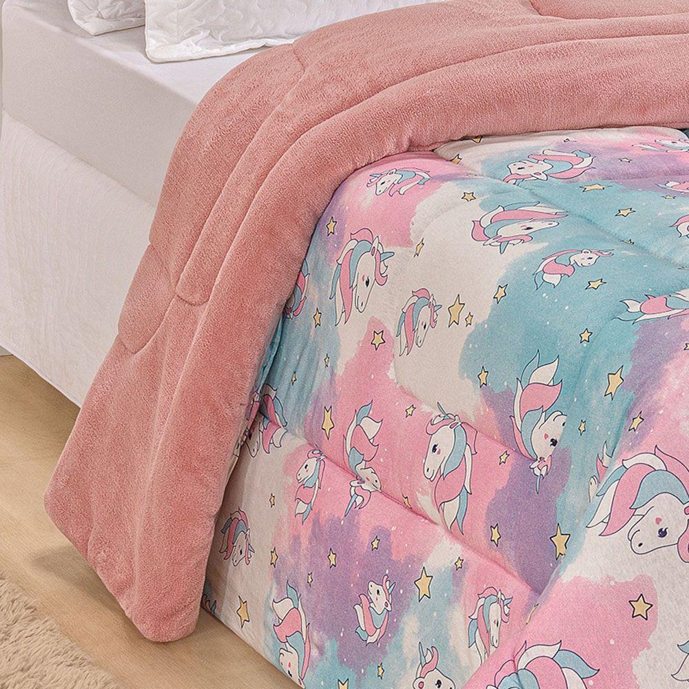 Edredom Diverkids Solteiro Infantil Malha Estampada 1 Peça - Unicórnio Rosa - 4