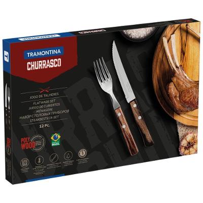 Jogo De Talheres Para Churrasco Tramontina Em Aço Inox Com Cabo Castanho Polywood 12 Peças
