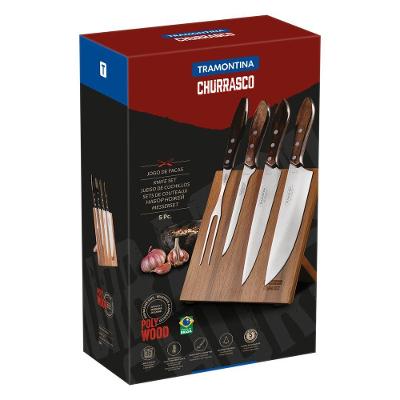 Jogo Para Churrasco Tramontina Com Laminas Em Aço Inox E Cabos Em Madeira Polywood Castanho 5 Peças