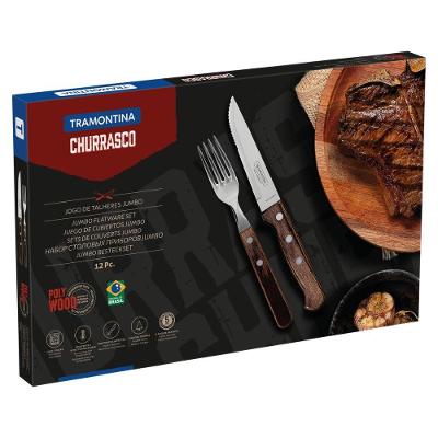 Jogo De Talheres Tramontina Churrasco Com Laminas Em Aço Inox E Cabos De Madeira Castanho 12 Peças