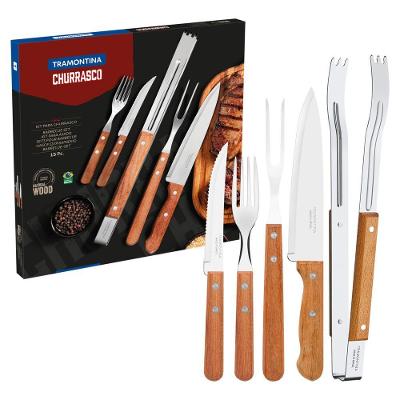 Kit Para Churrasco Tramontina Em Aço Inox Com Cabo De Madeira Natural 15 Peças