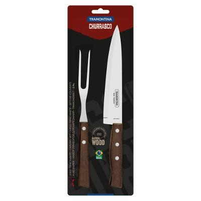 Jogo Trinchante Para Churrasco Tramontina Em Aço Inox Com Cabo Em Madeira Natural 2 Peças
