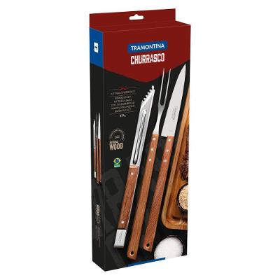 Kit Para Churrasco Tramontina Em Aço Inox E Madeira Com Pegador 3 Peças