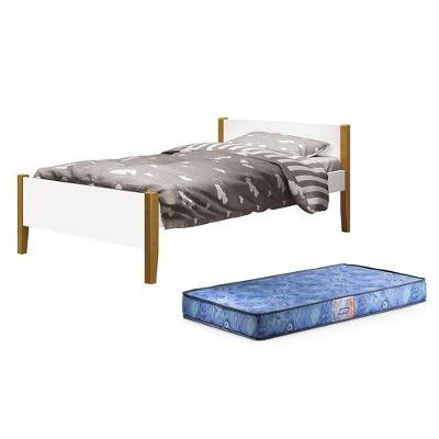 Cama Solteiro Simba com Colchão D20 MDF Branco Fosco Pés Amadeirado