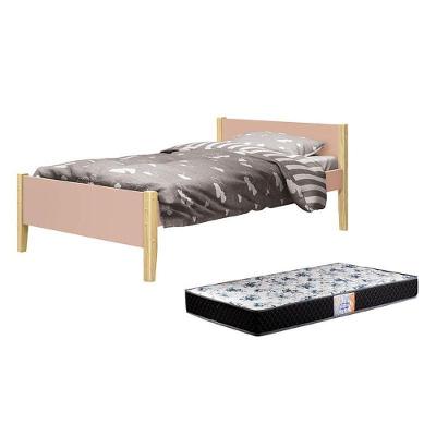 Cama de Solteiro Simba com Colchão D33 Pés Madeira Natural Rosa Fosco Reller Móveis