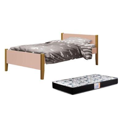 Cama Solteiro Simba com Colchão D33 Pés Amadeirado MDF Rosa Reller Móveis