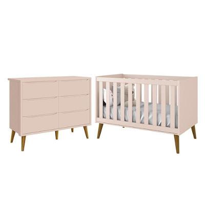 Jogo de Quarto Infantil Theo Cômoda 6 Gavetas e Berço MDF Rosa Fosco com Pés Amadeirado Reller