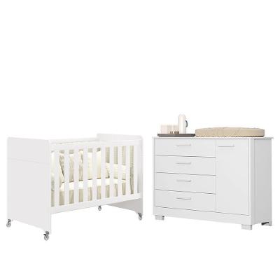 Jogo de Quarto Infantil Cômoda Zaki e Berço Evolution 4 em 1 MDF Colchão Branco Fosco
