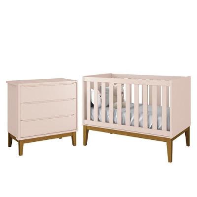 Jogo de Quarto Infantil Cômoda e Berço Classic MDF Rosa Fosco com Pés Amadeirado Reller Móveis