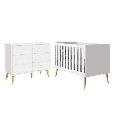 Jogo de Quarto Infantil Cômoda 6 Gavetas e Berço Americano MDF Branco Fosco com Pés Madeira Natural