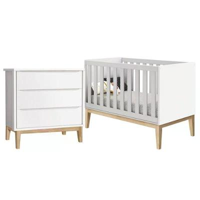 Jogo de Quarto Classic Cômoda 3 Gavetas e Berço Americano MDF Branco Fosco Reller Móveis