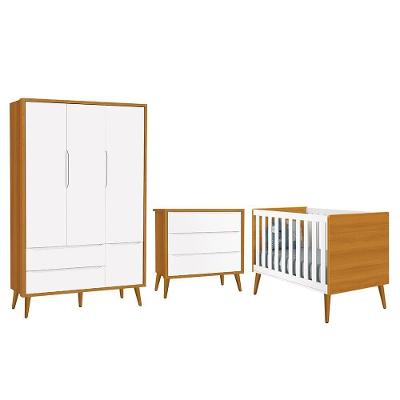 Dormitório Infantil com Guarda Roupa Cômoda e Berço Theo Retrô MDF Branco-savana Reller Móveis