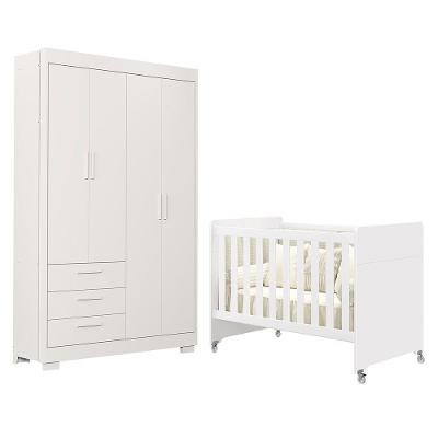 Jogo de Quarto Infantil Guarda Roupa Zaki e Berço Evolution 4 Portas 3 Gavetas MDF Branco Fosco