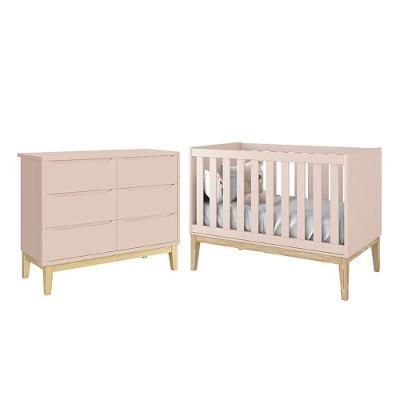 Jogo de Quarto Infantil Classic Cômoda 6 Gavetas e Berço MDF Rosa Fosco Reller Móveis