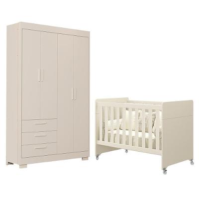 Jogo de Quarto Infantil Guarda Roupa Zaki e Berço Evolution 4 Portas 3 Gavetas MDF Areia Fosco