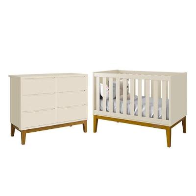 Jogo de Quarto Infantil Cômoda 6 Gavetas e Berço Americano MDF Areia Fosco com Pés Amadeirado Reller