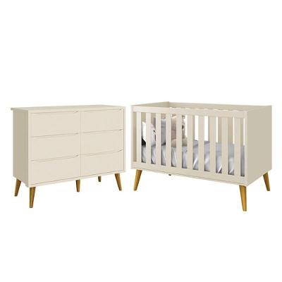 Jogo de Quarto Infantil Cômoda 6 Gavetas e Berço Americano MDF Areia Fosco com Pés Amadeirado Reller